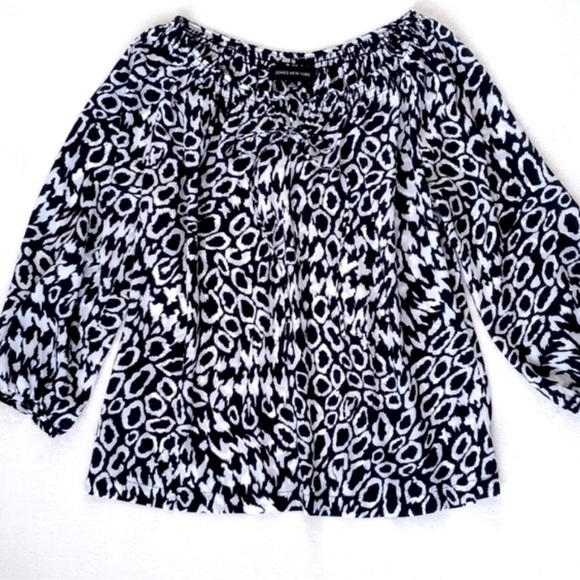 Jones New York Navy Blue White Leopard Print Summer 3/4 Sleeve Sheer Blouse M - Picture 8 of 10